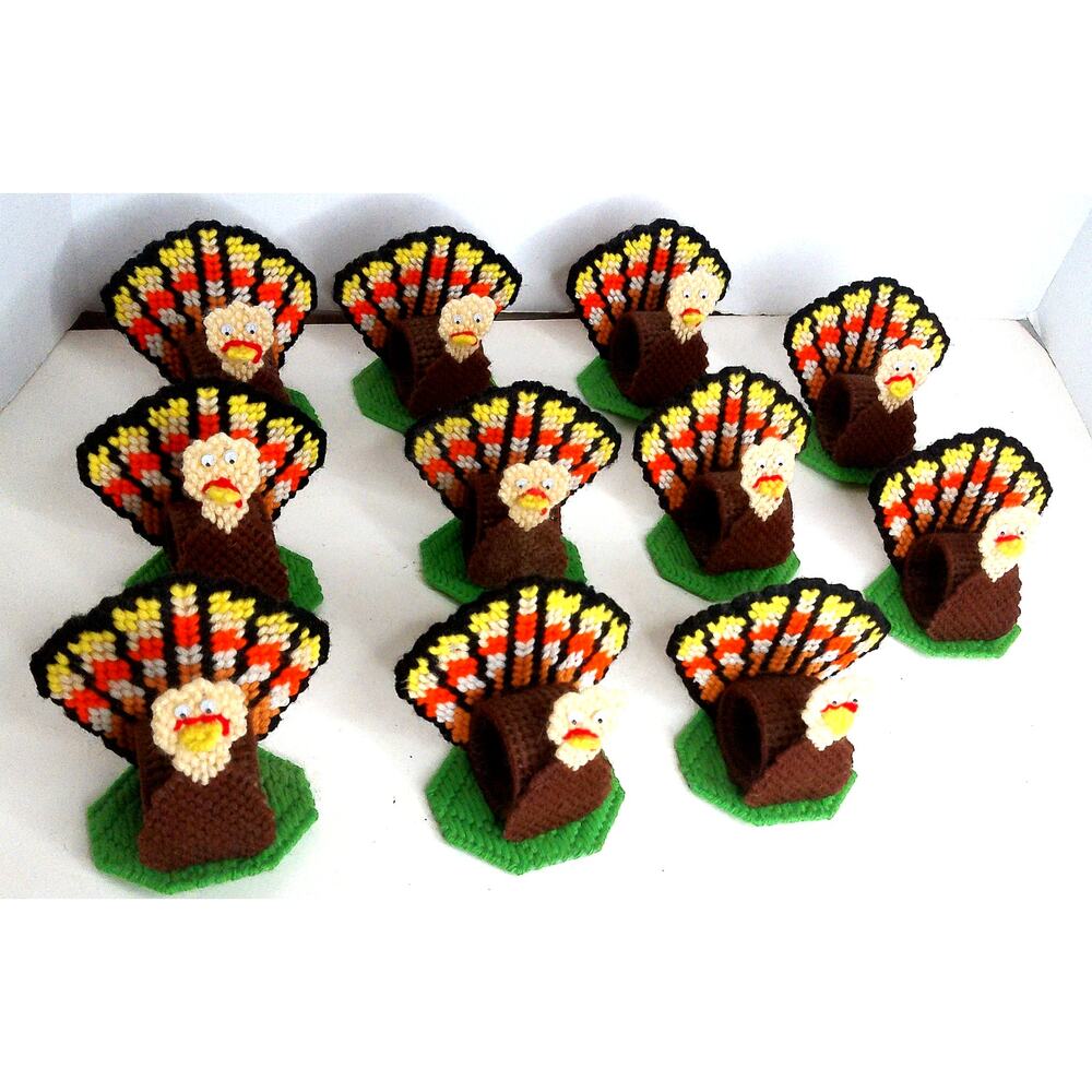 Vintage 1993 Bucilla Turkey Napkin Rings Plastic Canvas Thanksgiving Set of 11